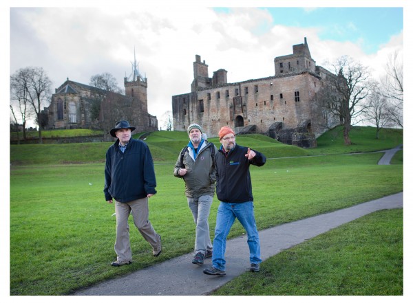 John Muir Way Linlithgow Palace l to r Keith Geddes, Cameron McNeish and Ron McCraw