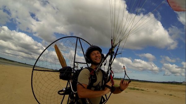 Matt getting to grips with the finer points of paramotoring – and clearly loving it